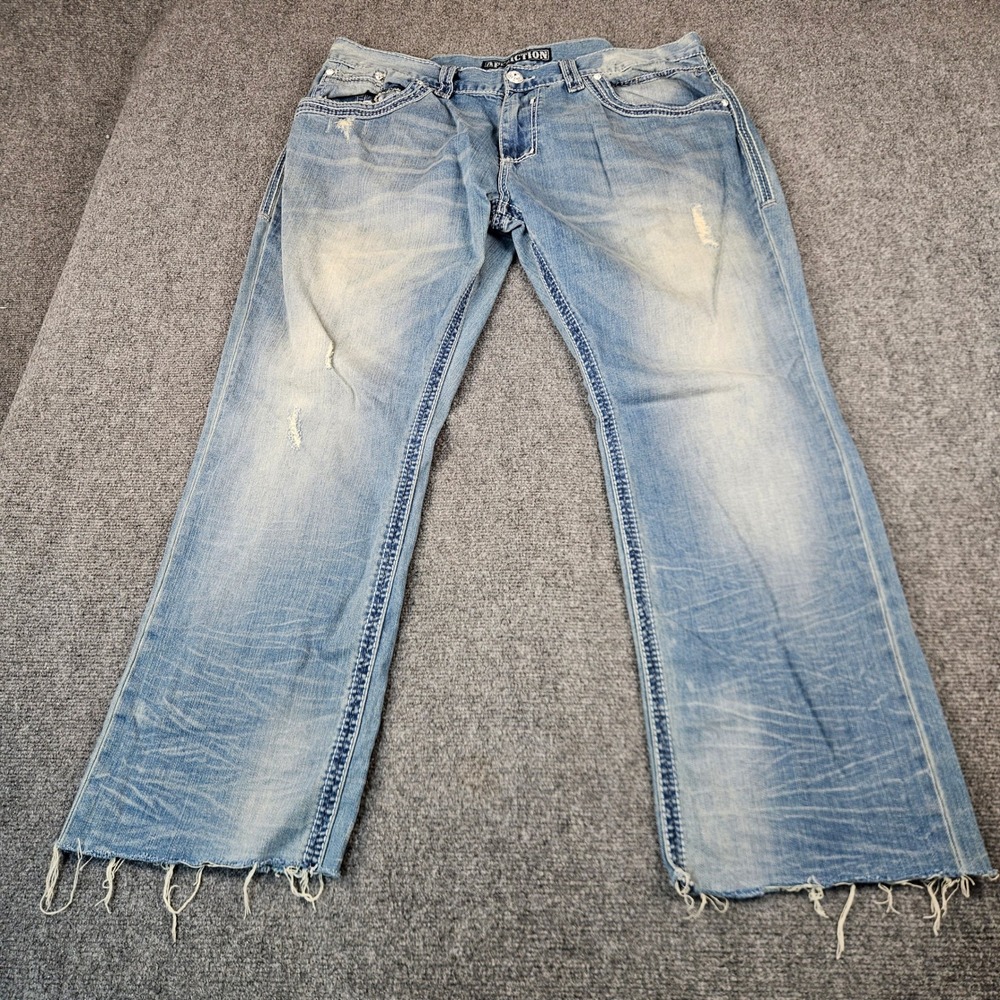 Affliction Ace Mens Size 40 Blue Distressed Straight Leg Jeans Raw Hem Y2K MMA
